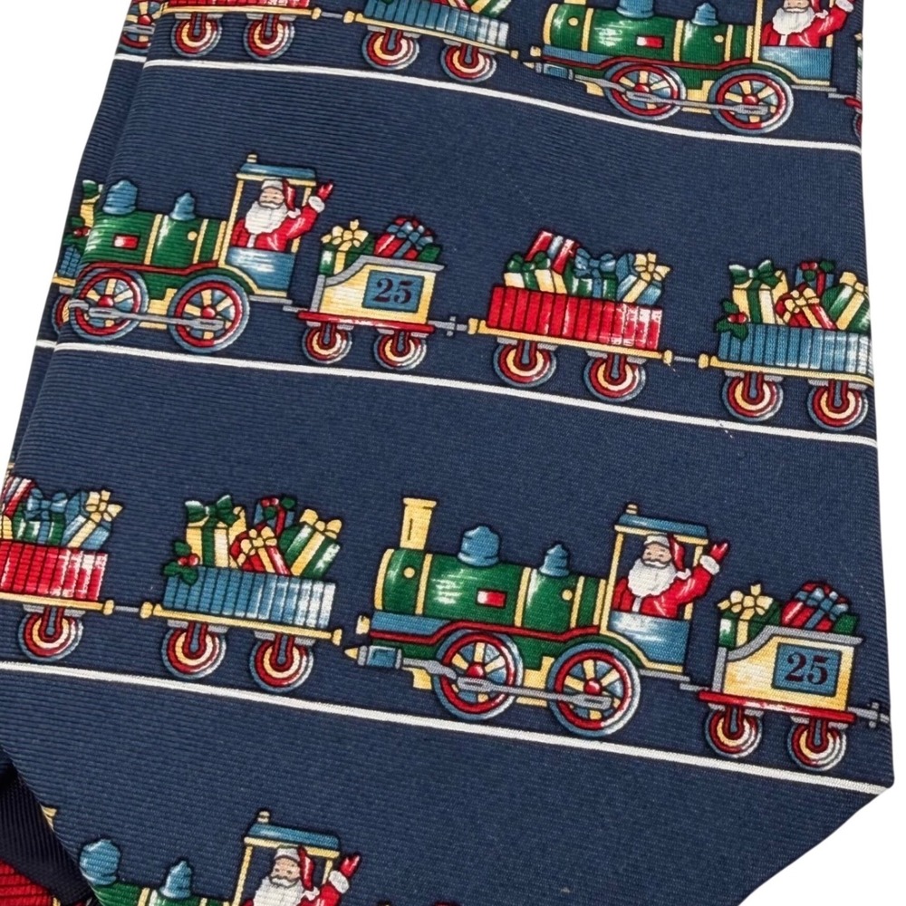 Vintage Zylos George Machado Christmas Silk Tie Santa Train Gifts Navy Made USA